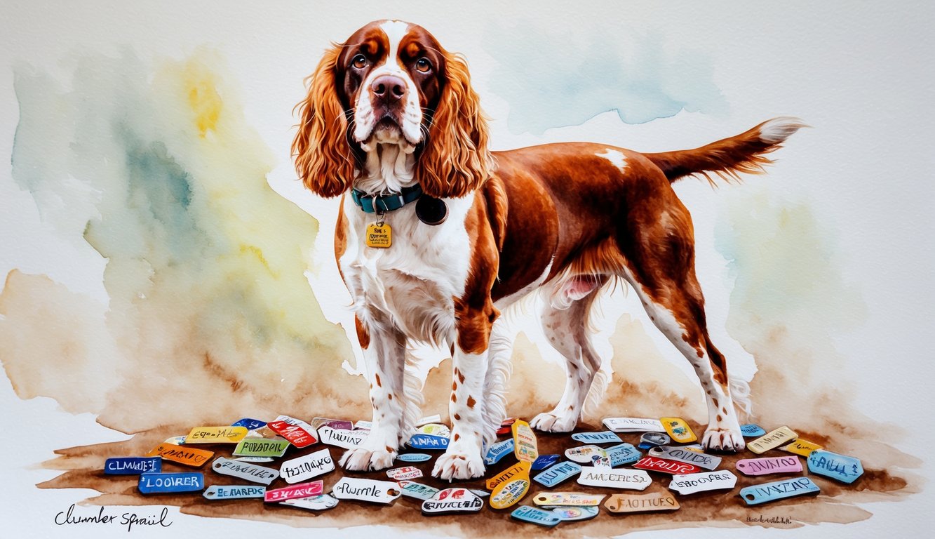 A Clumber Spaniel stands proudly with a collection of name tags scattered around its feet