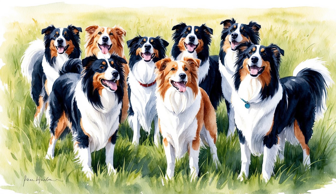 A group of collies gather in a grassy field, wagging their tails and looking up expectantly