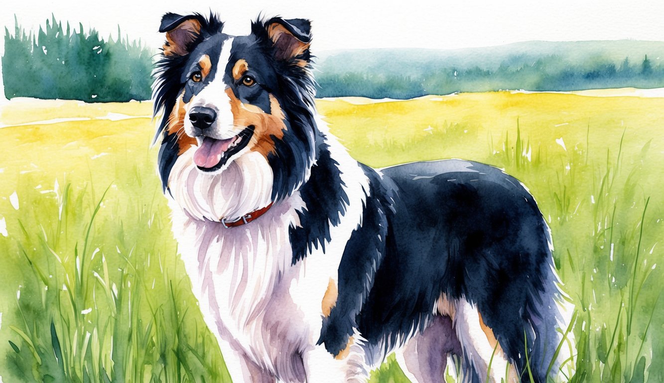 A proud collie stands in a green meadow, head held high, with a loyal gaze
