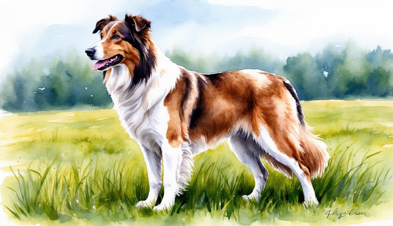 A handsome collie stands proudly in a grassy field, his fur flowing in the breeze as he gazes off into the distance