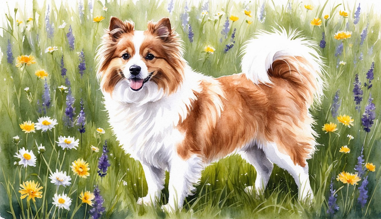 A fluffy Coton De Tulear stands in a field of wildflowers, with a gentle breeze ruffling its fur