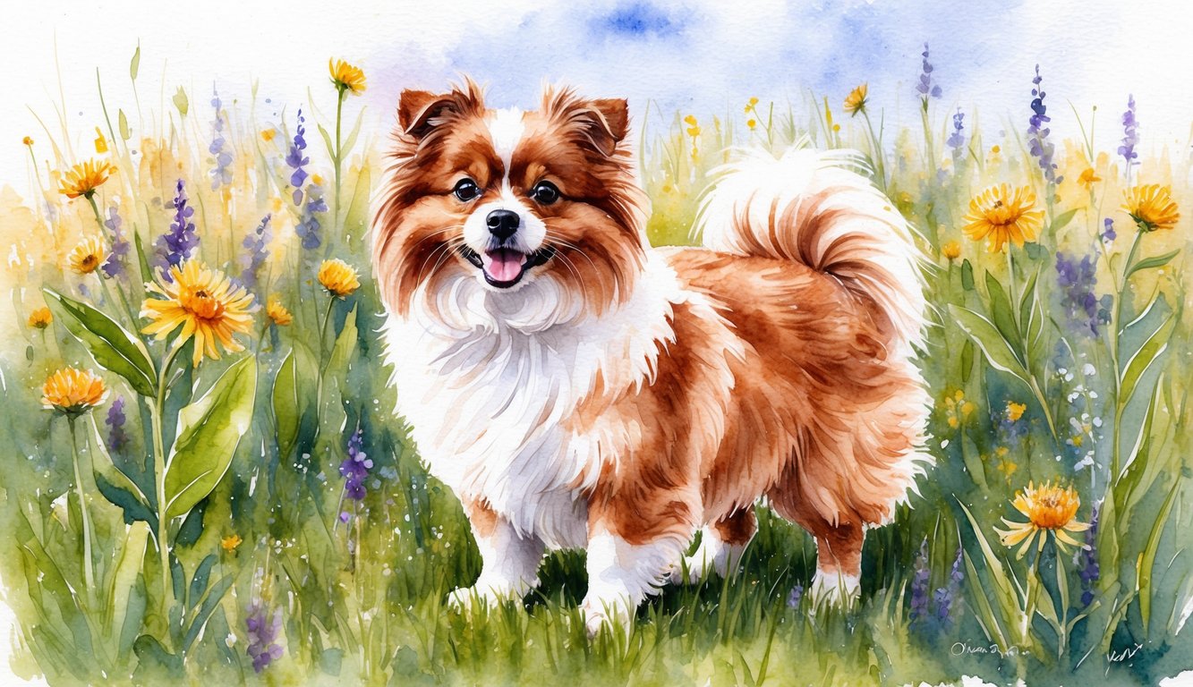 A fluffy Coton De Tulear standing in a field of wildflowers, with a playful expression on its face