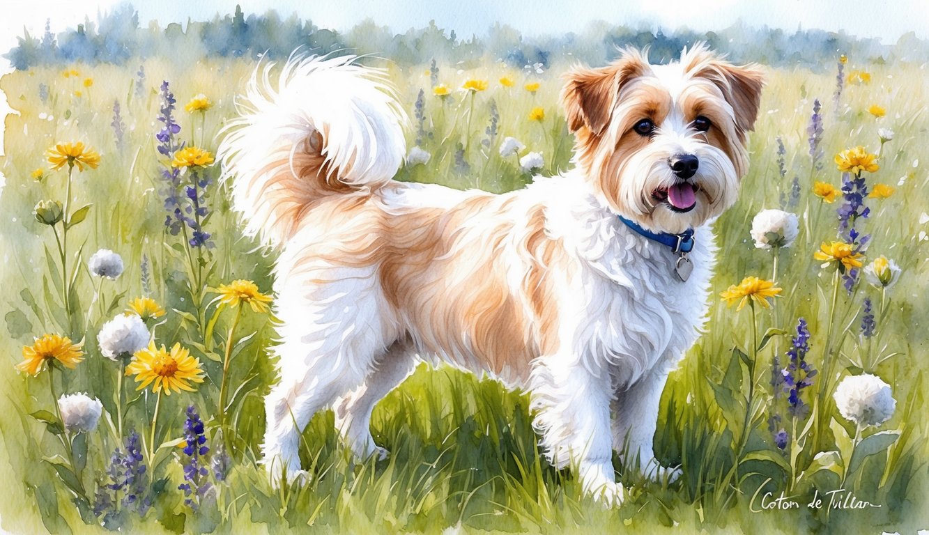 A male Coton De Tulear standing in a field of wildflowers, with a gentle breeze ruffling his fluffy white coat