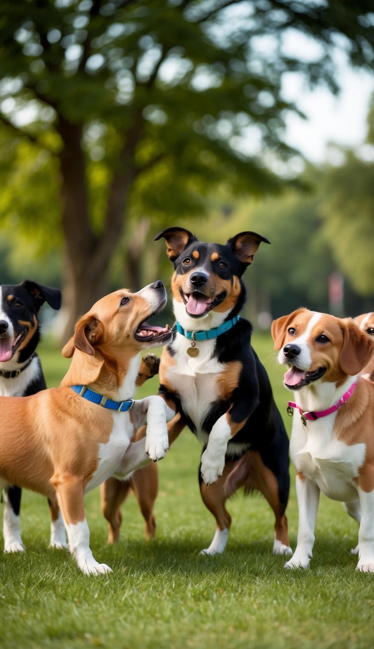 A group of adorable dogs, all with names starting with the letter "A", playfully interacting in a park setting