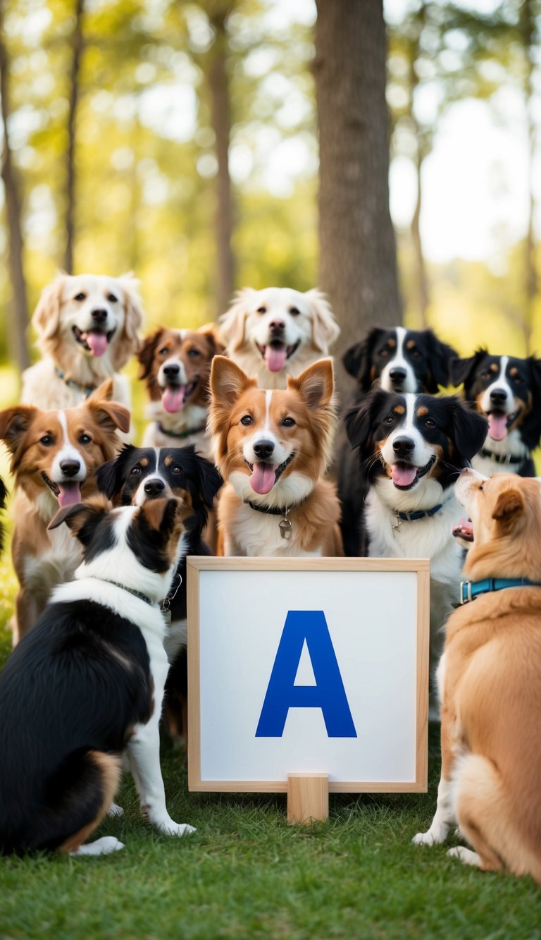A group of adorable dogs gather around a sign with the letter "A" on it, wagging their tails as they wait to be called by their new names