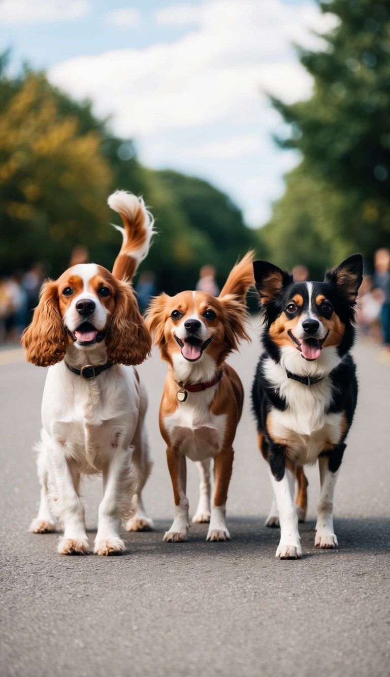 A cheerful canine parade, featuring a cocker spaniel, a chihuahua, and a collie, all wagging their tails