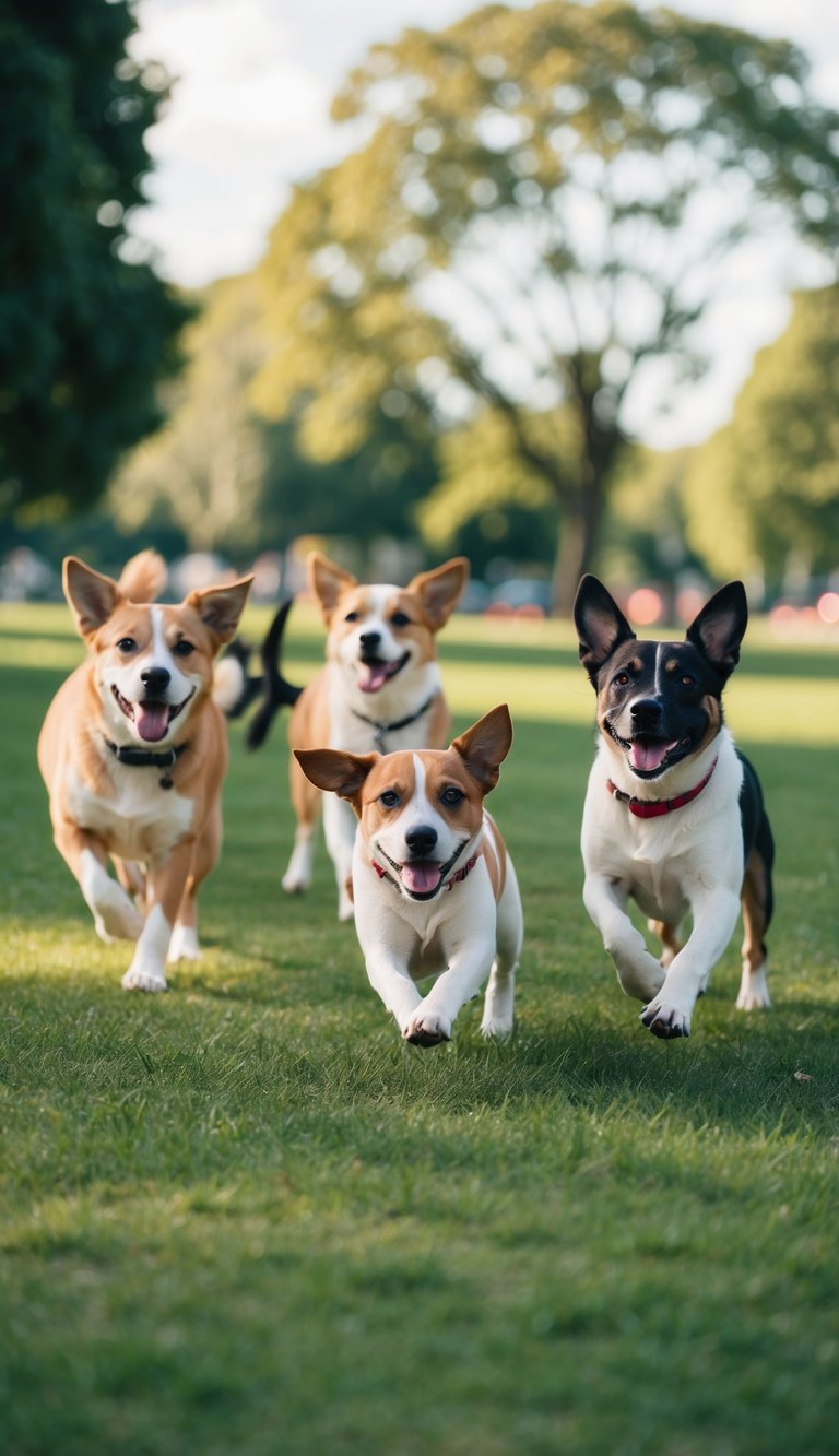 Several cute dogs with names beginning with C playing in a park