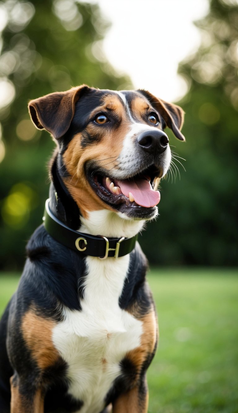 A cheerful canine named Cooper gazes at a collar with his name initial "C" engraved on it