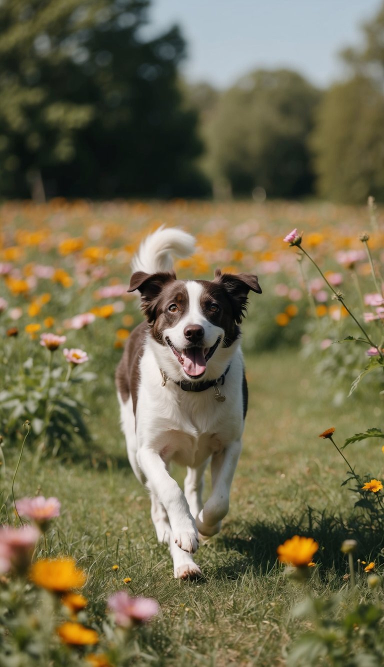 A cheerful canine named Coco prances in a flowery meadow