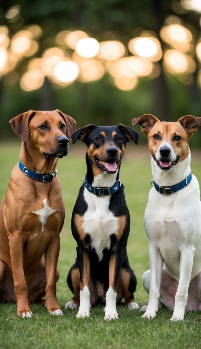 A group of dogs, both male and female, sitting in a circle, each with a collar bearing a name beginning with the letter "C."