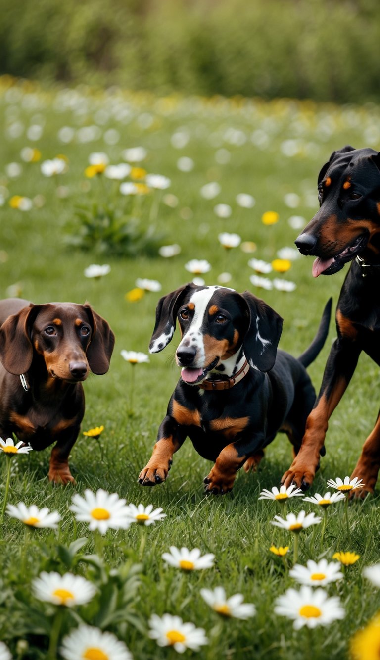 A dachshund, dalmatian, and doberman play in a daisy field