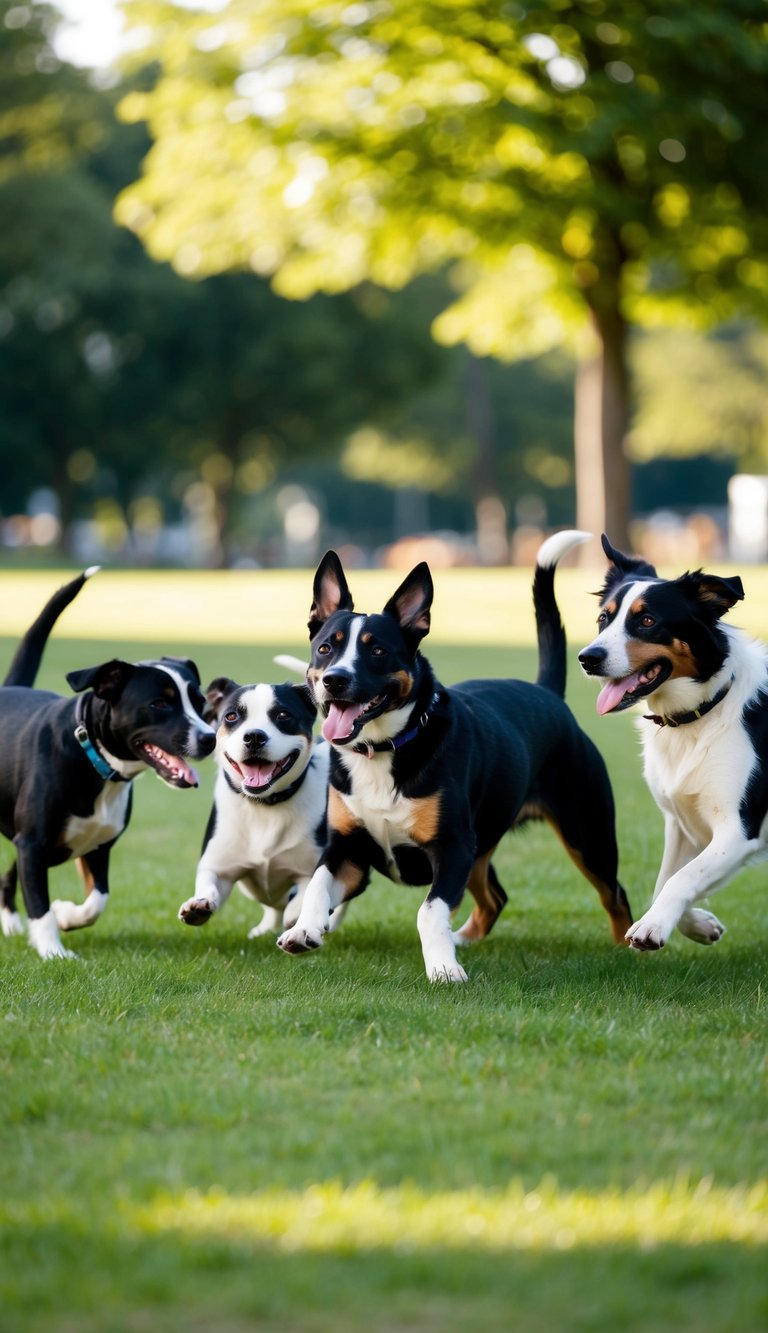 A group of dogs, all with names beginning with the letter "D," playing together in a grassy park