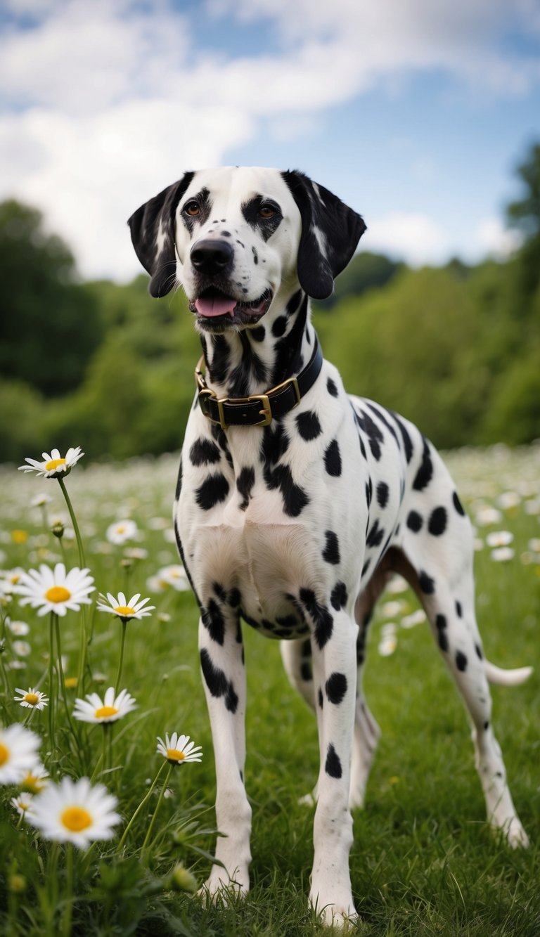 A dapper dalmatian dog named Dexter stands proudly by a daisy-filled meadow