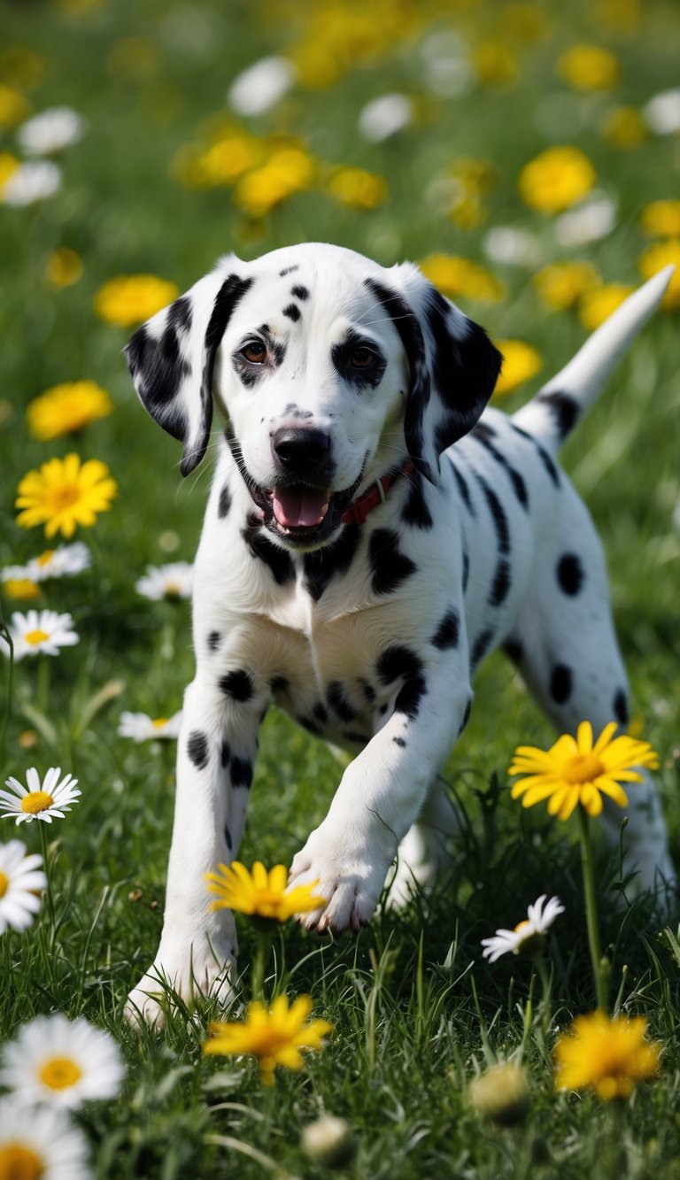 A dalmatian puppy named Daisy plays in a daisy field
