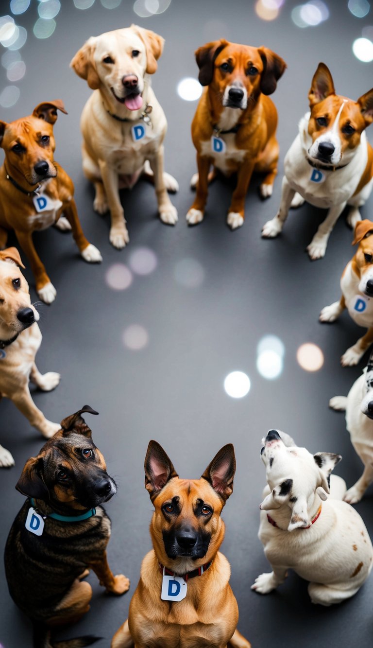 Several dogs of different breeds sitting in a circle, each with a name tag beginning with the letter "D" around their necks