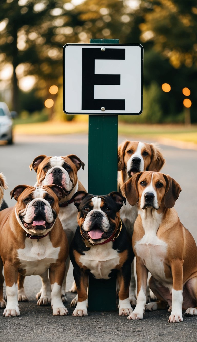 A group of eager dogs, including an energetic English Bulldog and an elegant Afghan Hound, gather around a sign with the letter "E"