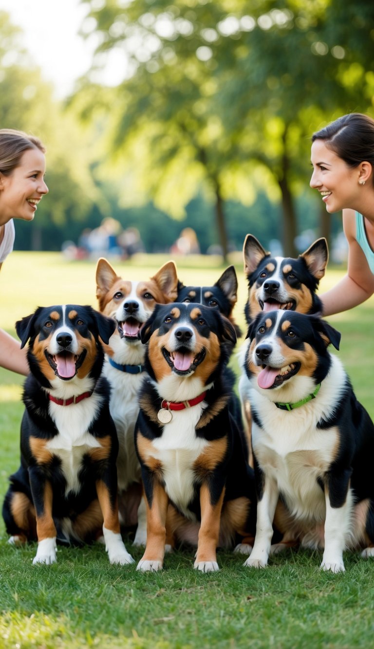 A group of energetic dogs eagerly respond to their names, beginning with the letter "E," as their owners call out to them in a park