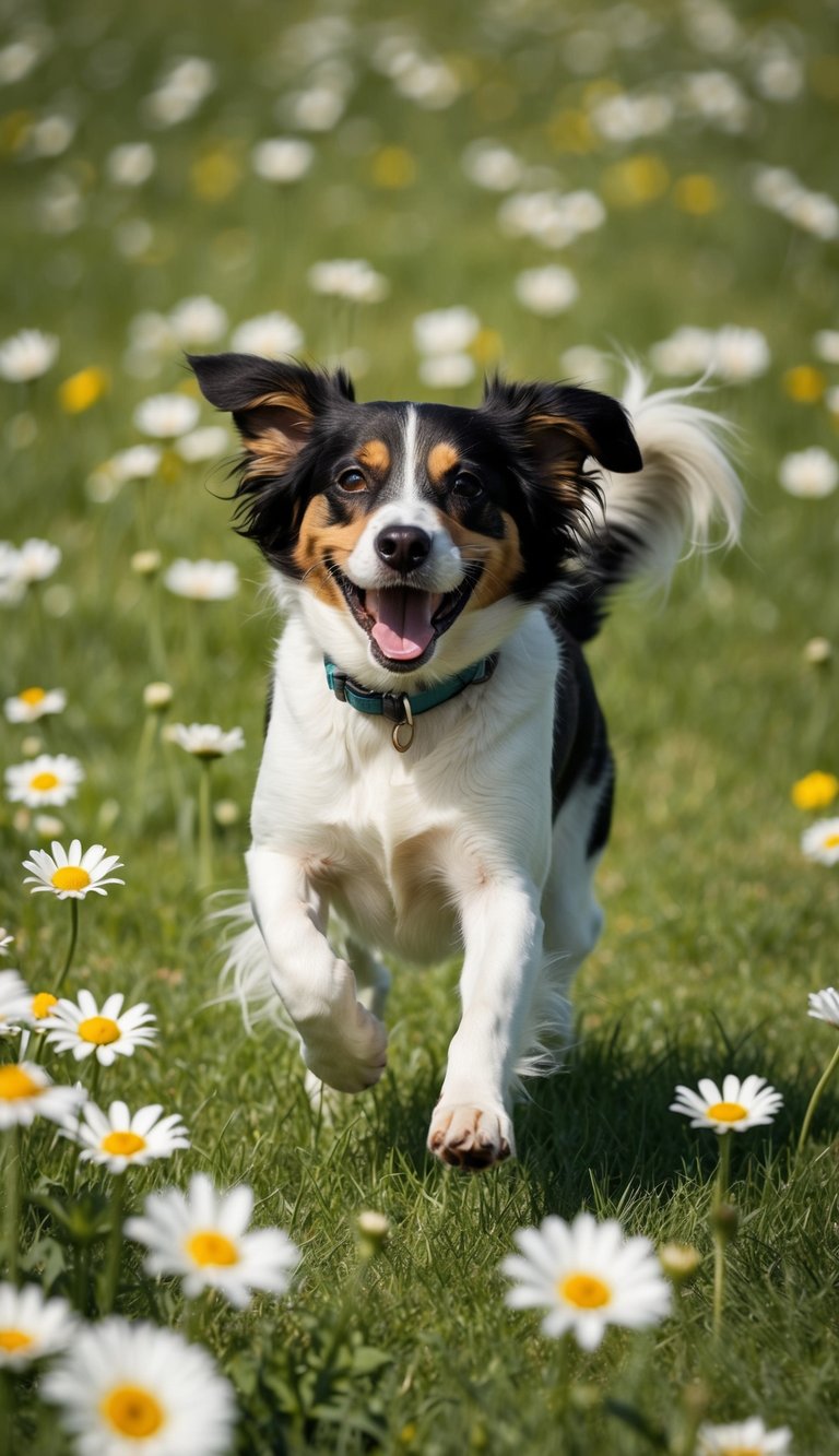 A happy, energetic female dog named Ellie playing in a field of blooming daisies