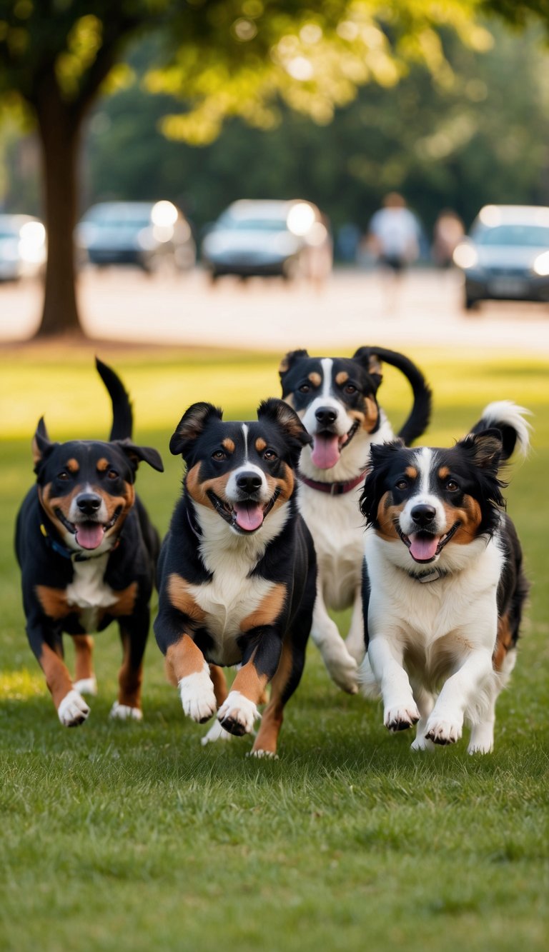 A group of unisex dogs with names starting with E playing in a park