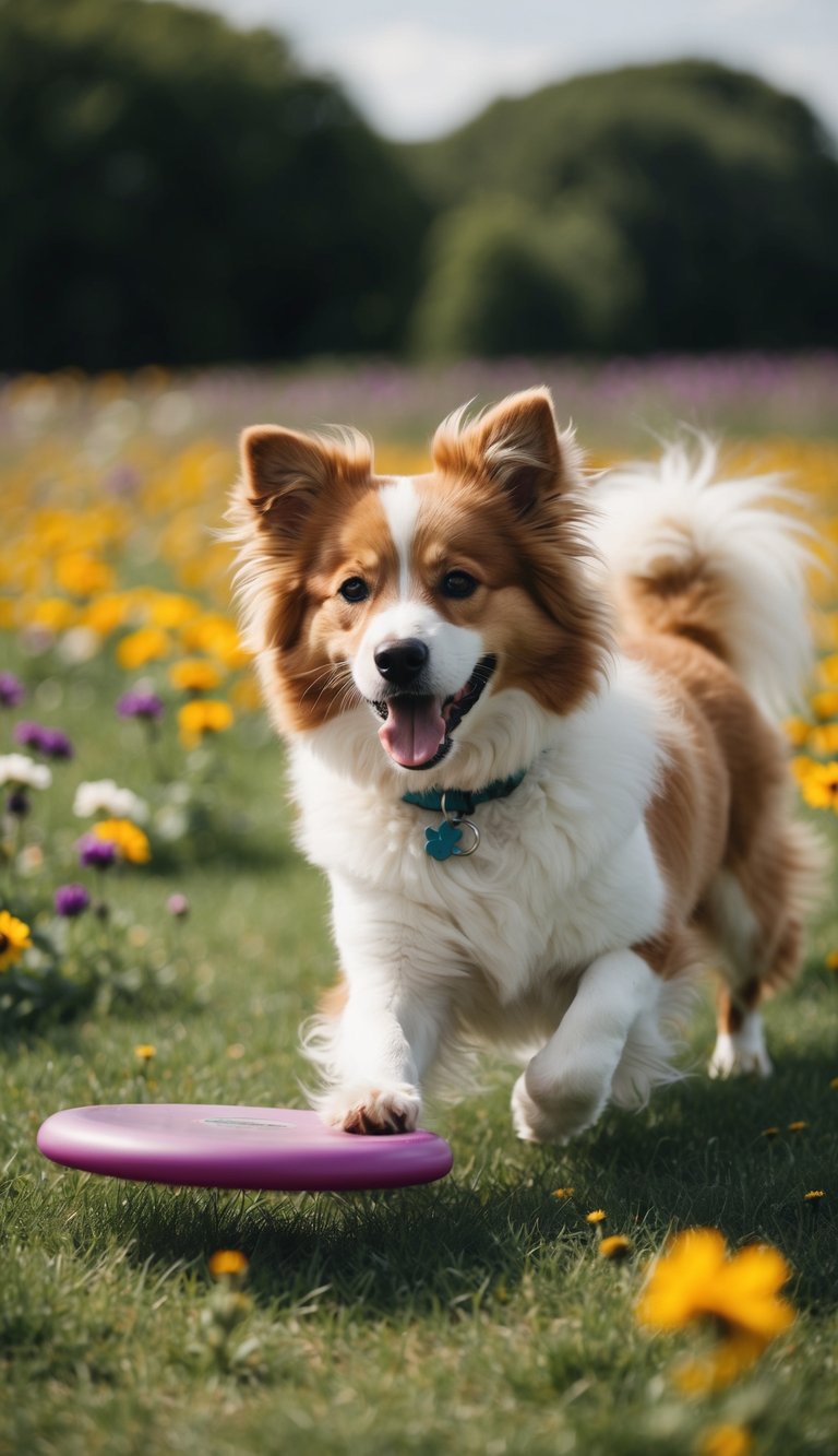 A fluffy, friendly dog named Finnegan happily plays fetch with a frisbee in a field of flowers