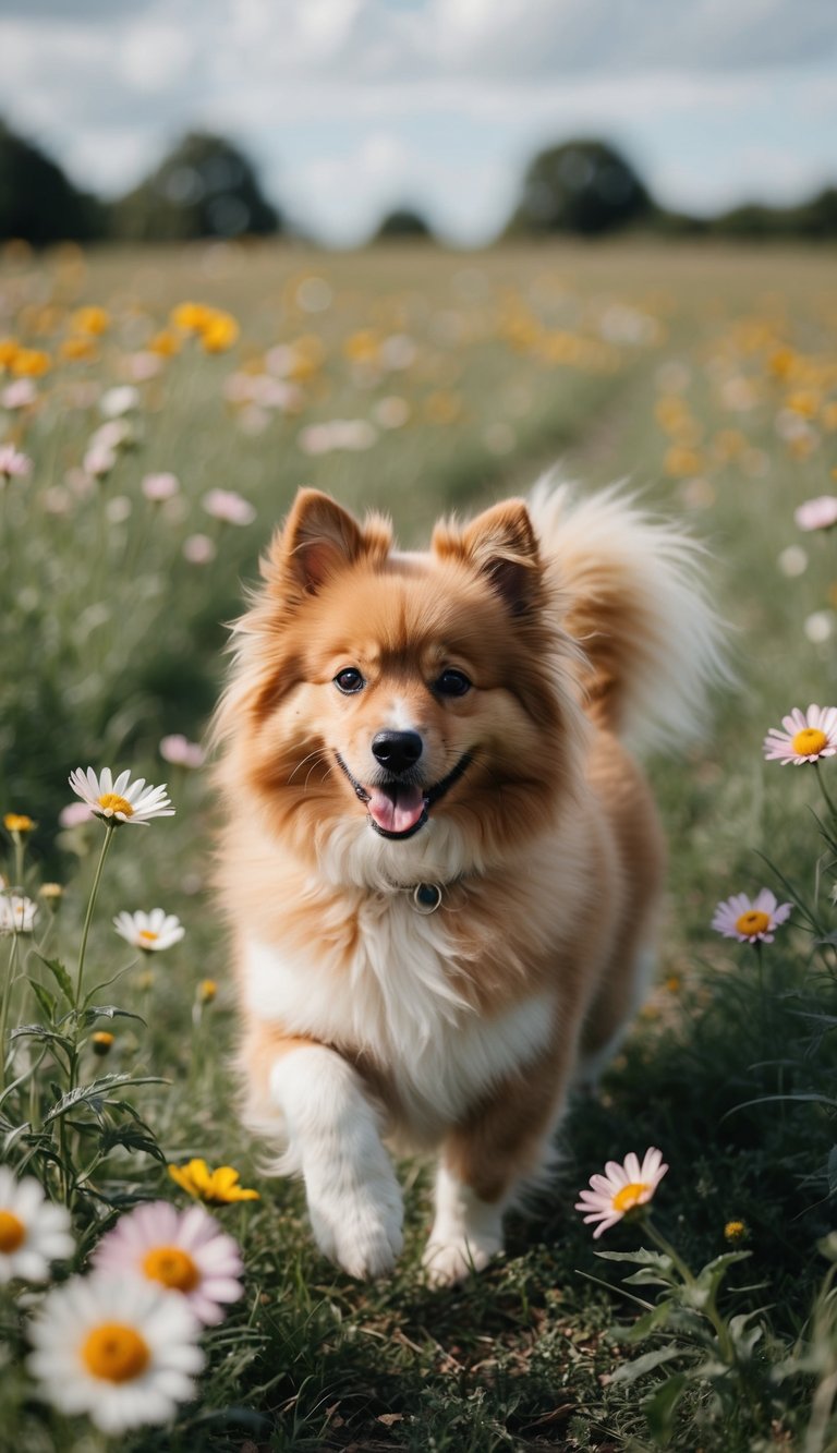 A fluffy dog surrounded by flowers, frolicking in a field