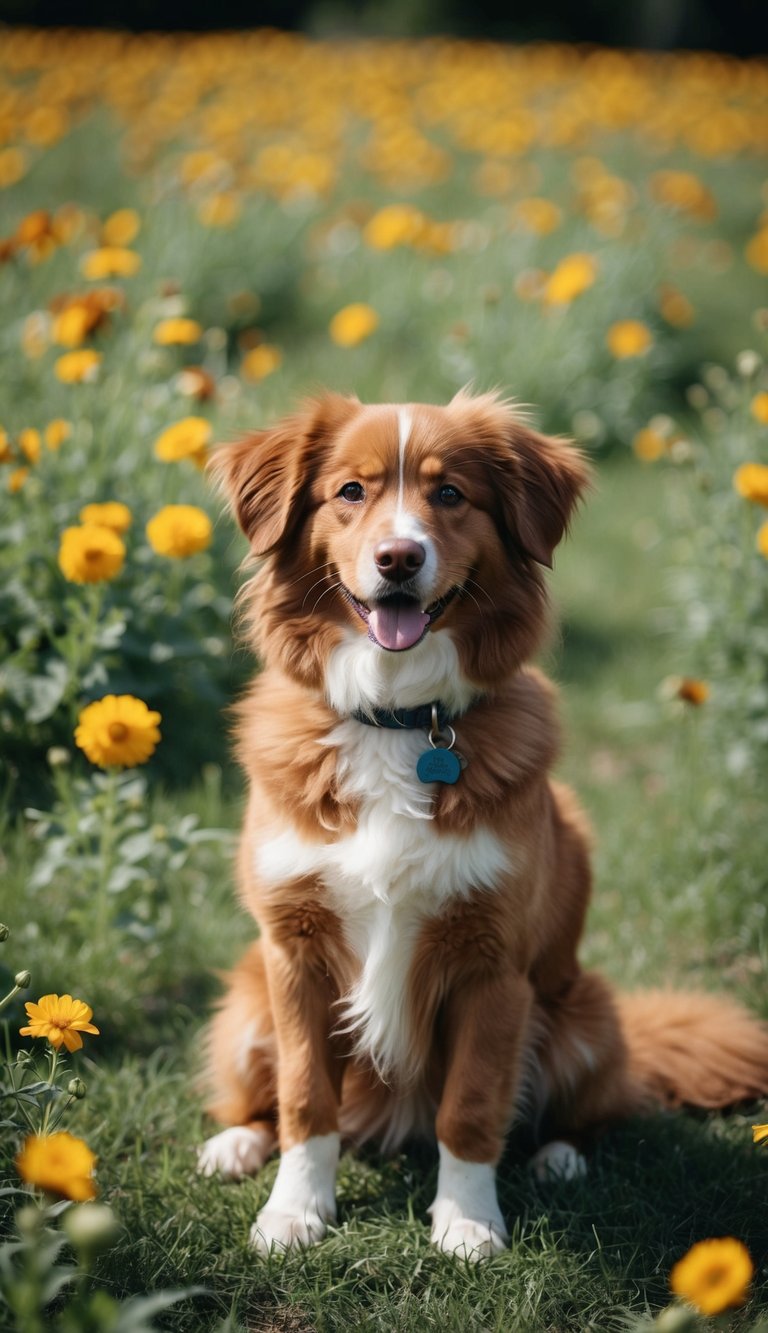 A fluffy brown dog named Finn sits proudly in a field of flowers