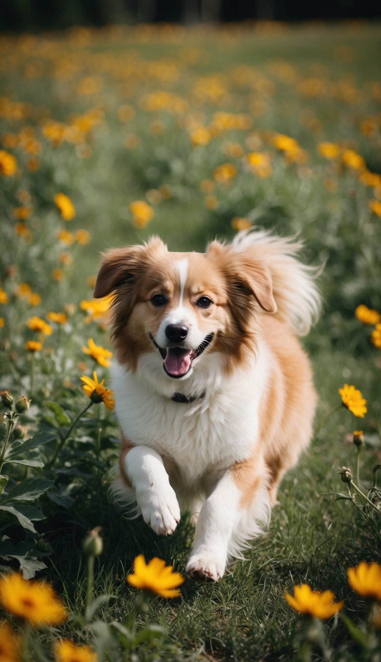 A fluffy, friendly female dog named Faye frolicking in a field of flowers