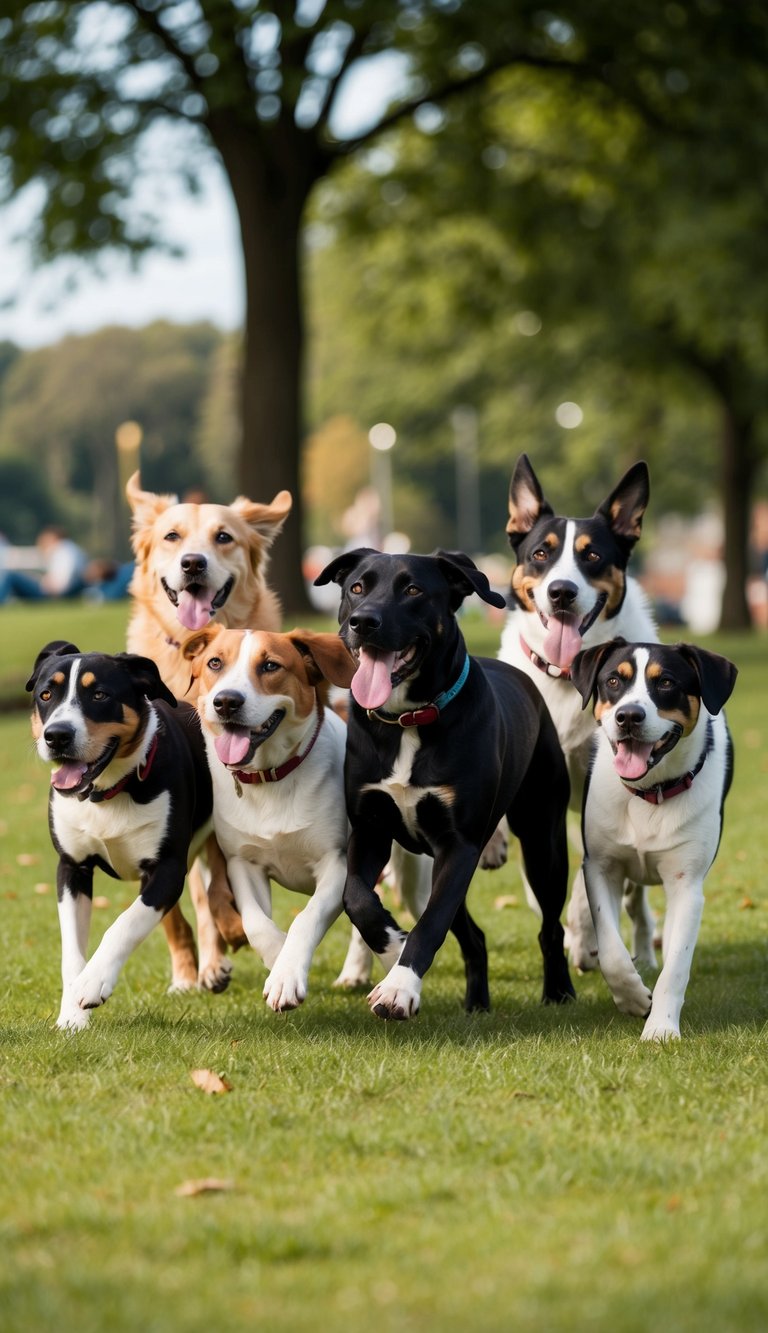 A group of friendly dogs, all with names starting with F, playing together in a park