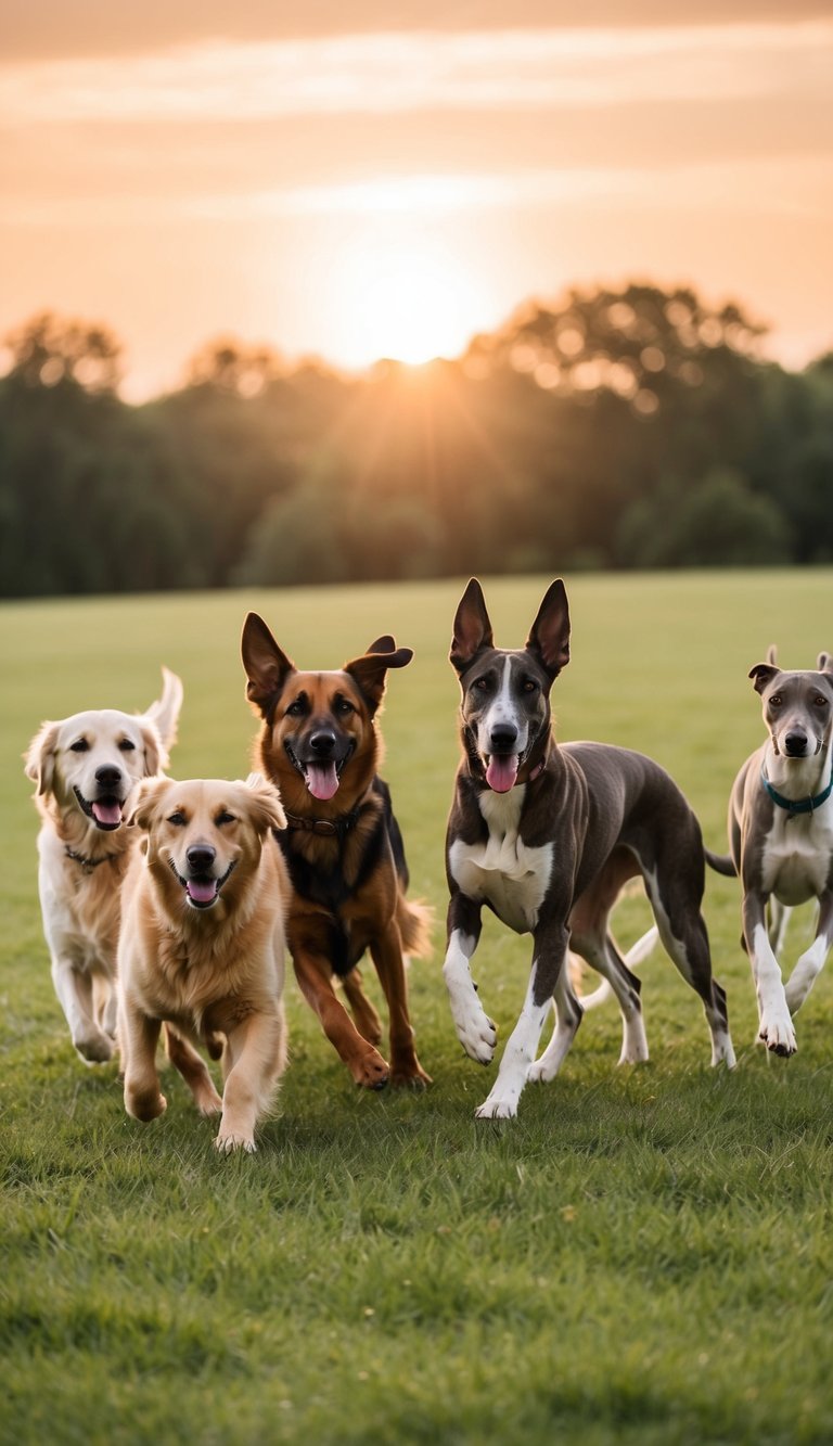 A group of dogs, including a golden retriever, a German shepherd, and a greyhound, play in a grassy field under a glowing sun