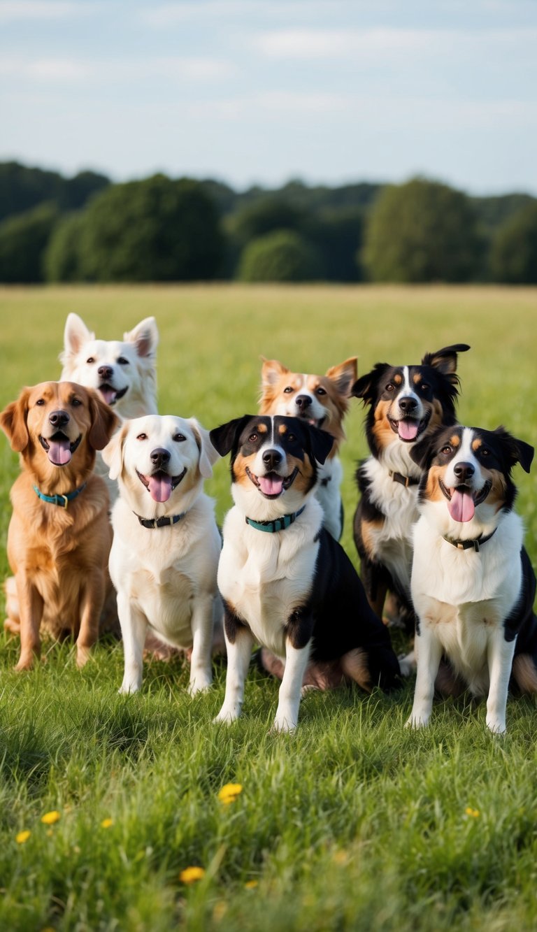 A group of joyful dogs gather in a grassy field, each responding to their names beginning with the letter "G"