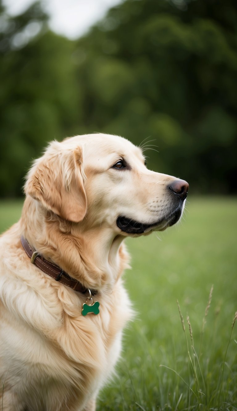 A golden retriever named Gus gazes at a green grassy field