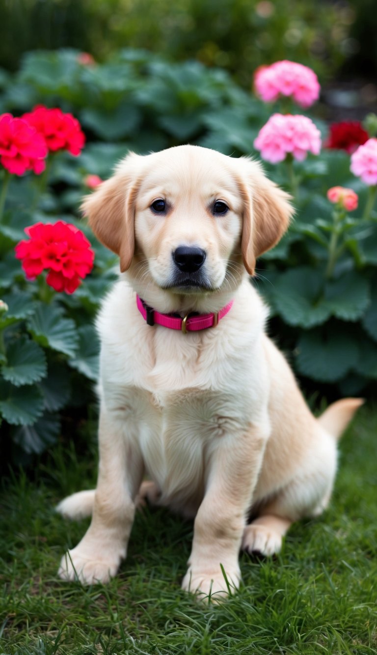 A golden retriever puppy wearing a pink collar sits in a green garden surrounded by geraniums and grass