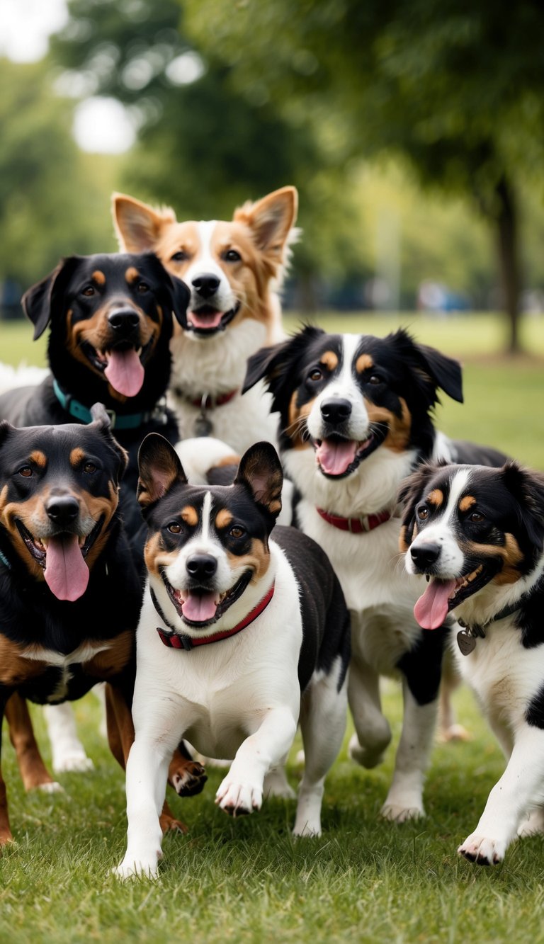 Several dogs of various breeds, all with names beginning with 'G', play together in a grassy park setting