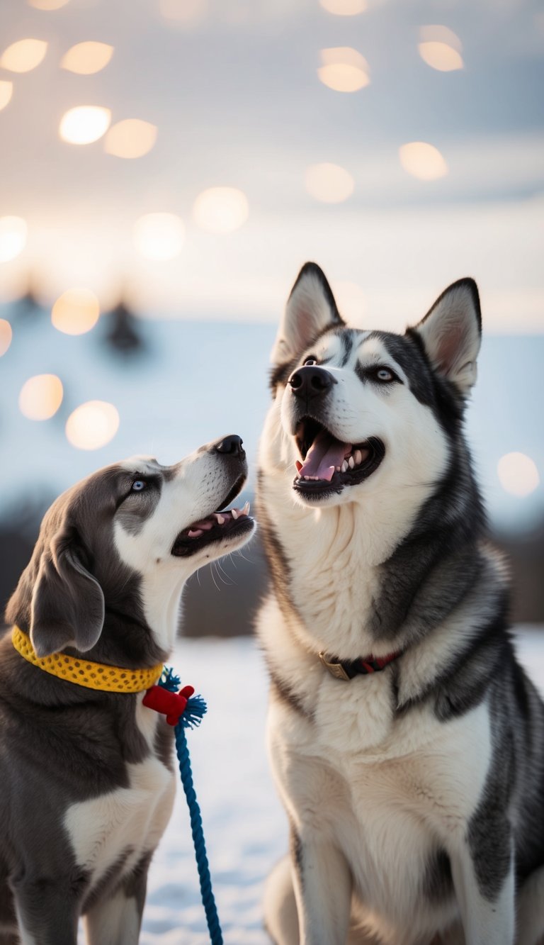 A happy husky howls, while a hound holds a toy