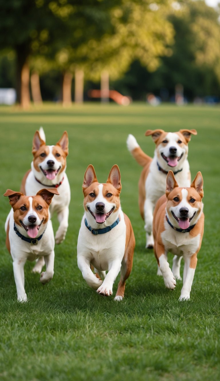A group of happy dogs with names starting with H playing in a grassy park