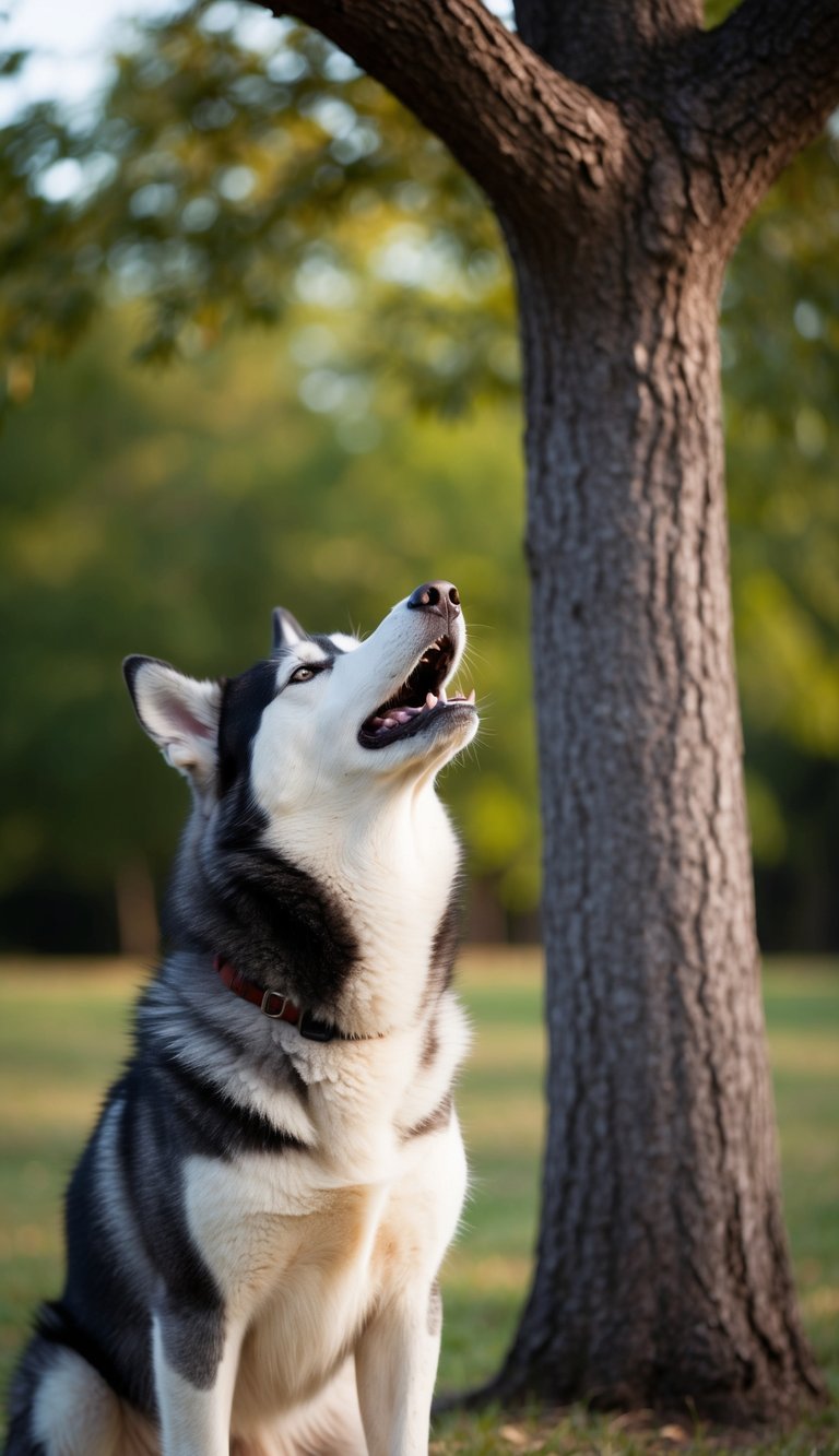 A happy husky howls happily under a hickory tree