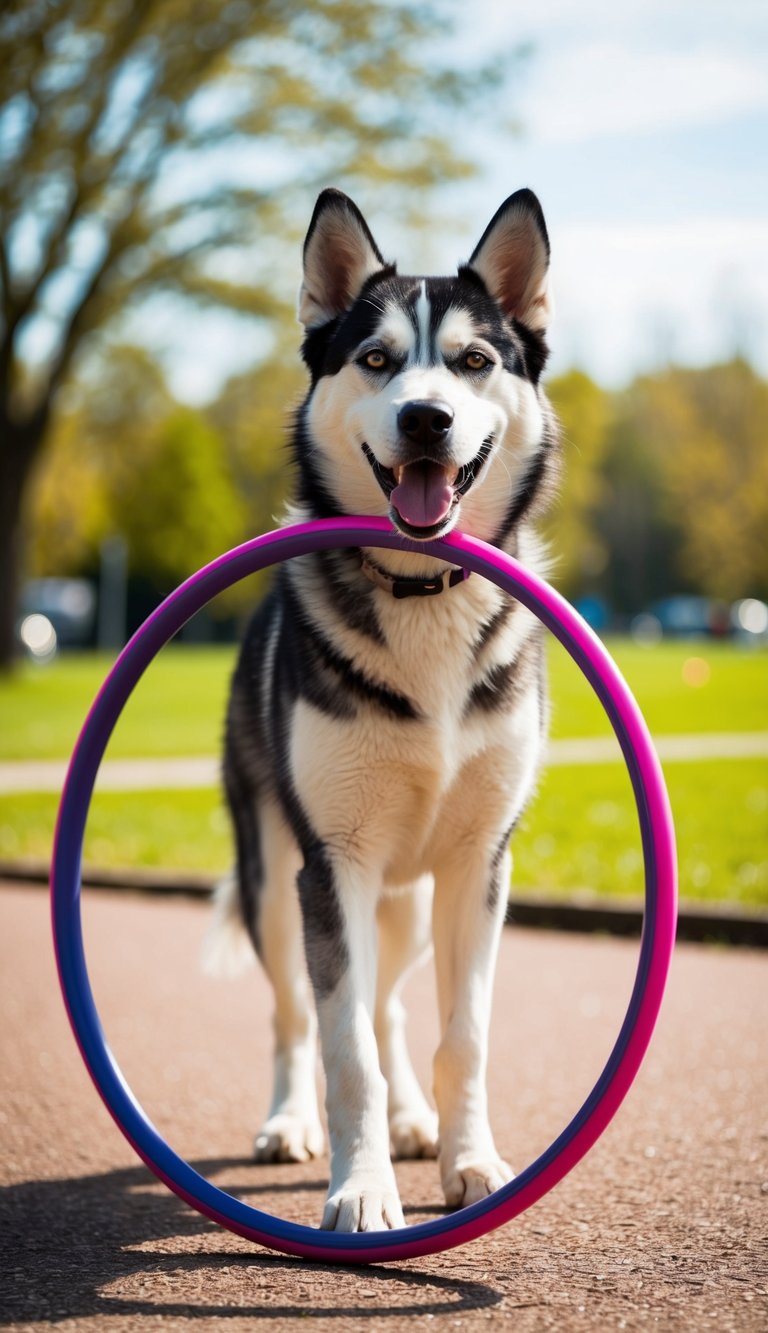 A happy husky dog named Harper plays with a hula hoop in a sunny park