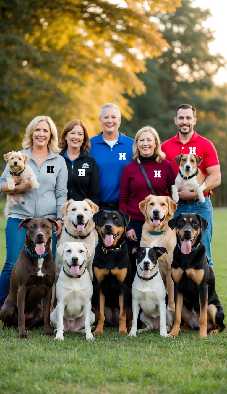 A group of dogs, of various breeds and sizes, are gathered together with their owners, each dog responding to a name that begins with the letter "H."