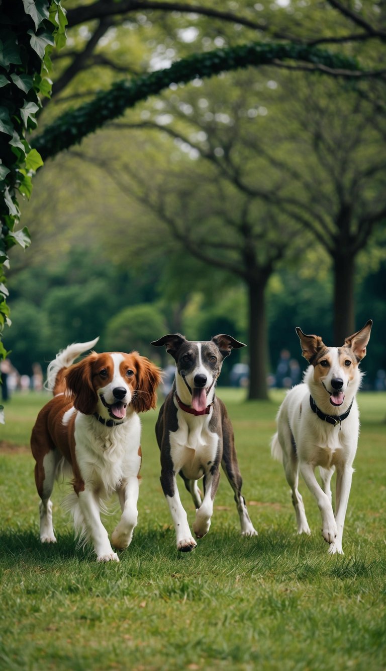 A group of dogs, including an Irish Setter, an Italian Greyhound, and an Icelandic Sheepdog, play in a park surrounded by ivy-covered trees