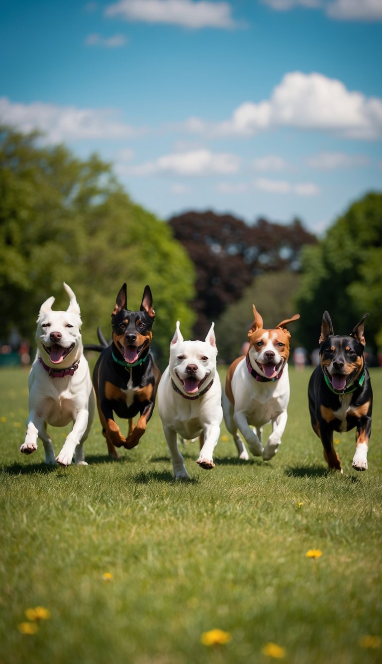 A group of energetic dogs with names starting with "I" playing in a grassy park under a sunny sky