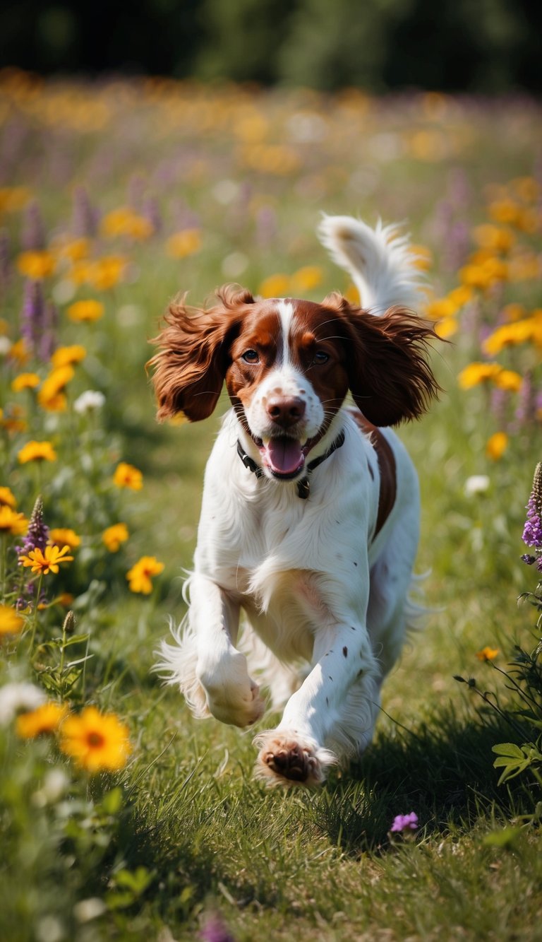 A playful Irish Setter running through a field of wildflowers