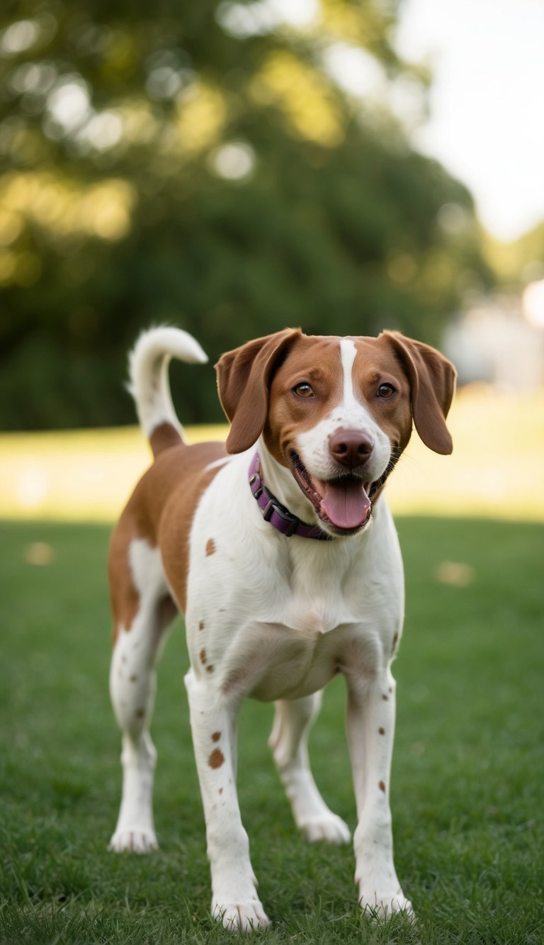 A playful brown and white spotted dog named Ivy wagging her tail