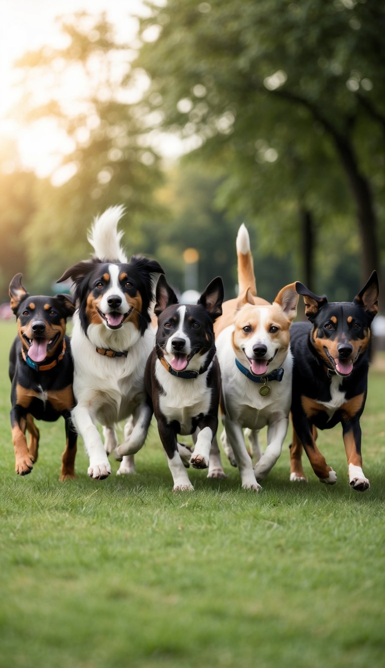 A group of dogs of various breeds and sizes, all with names beginning with the letter "I", playing together in a park