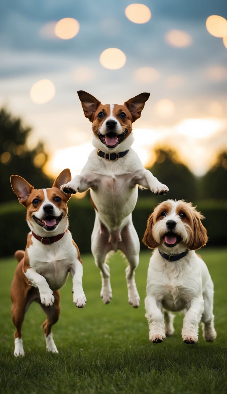 A joyful Jack Russell jumps joyfully, joined by a jubilant Japanese Chin and a jolly Jackapoo