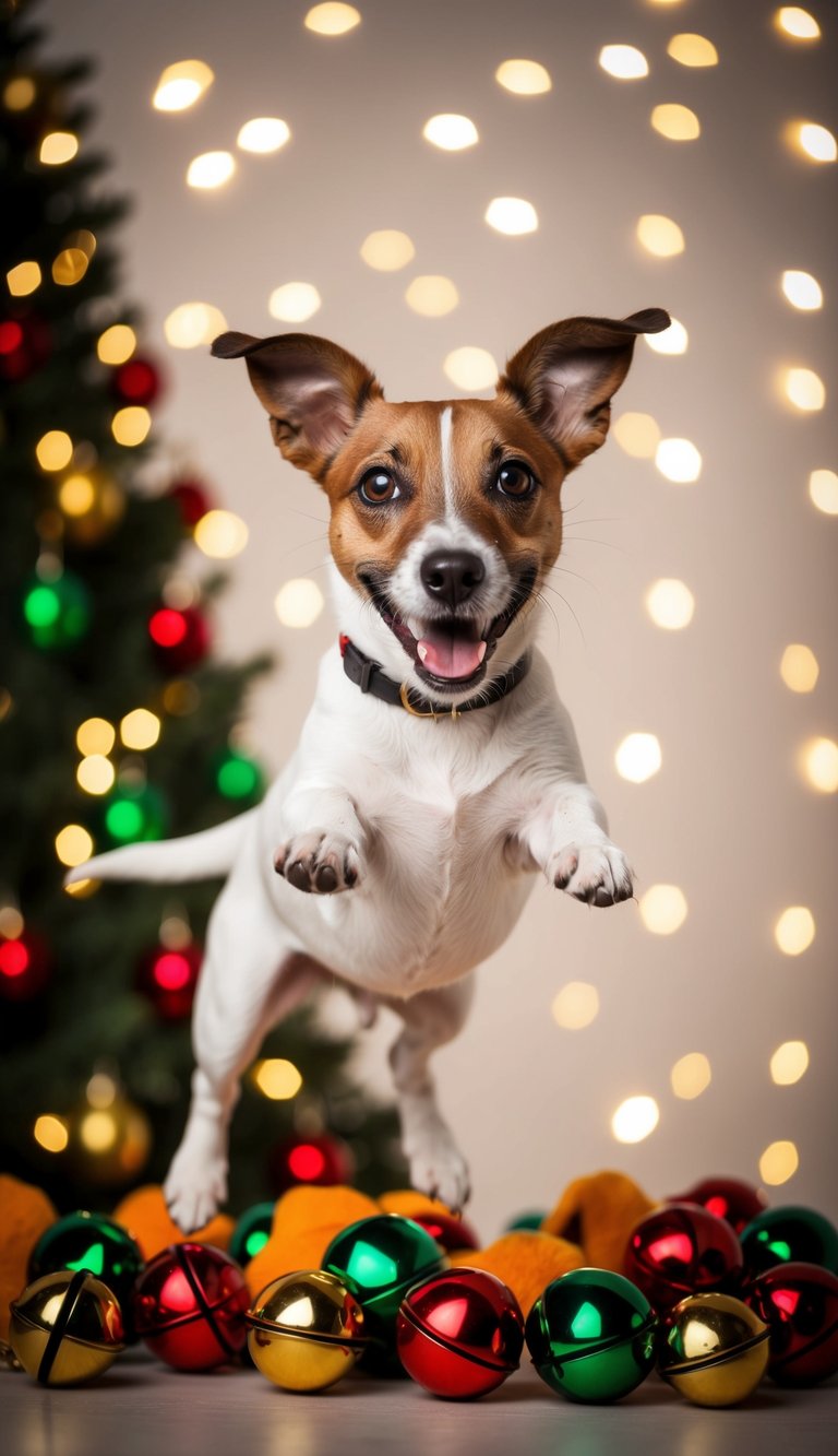 A joyful Jack Russell terrier jumping over a joyful Jack Russell terrier jumping over a jumble of jolly jingle bells