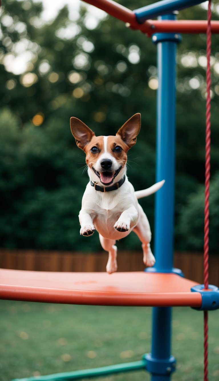 A joyful Jack Russell terrier jumps over a jungle gym