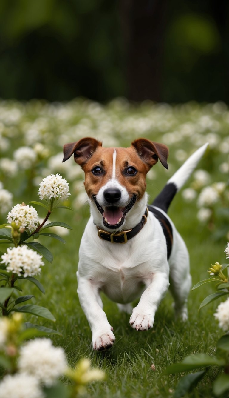 A joyful Jack Russell terrier named Jessie plays in a field of jasmine flowers
