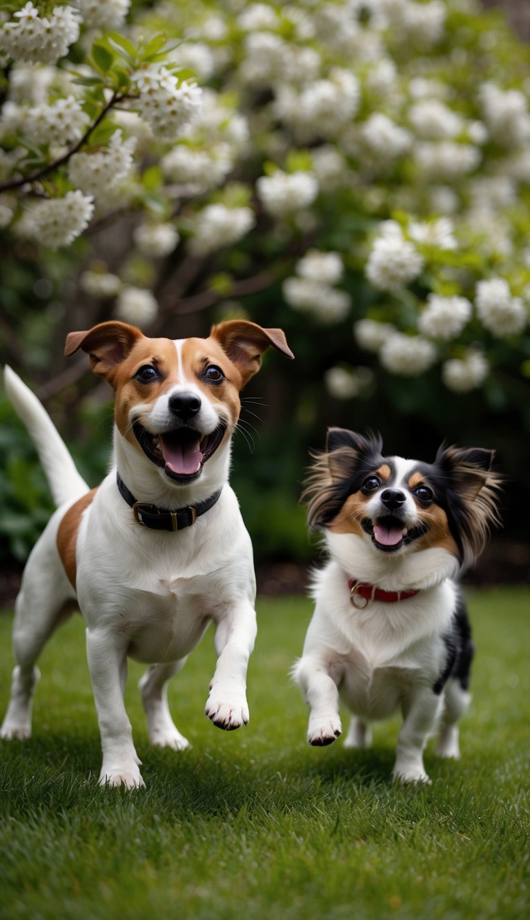 A joyful Jack Russell and a jubilant Japanese Chin play in a jasmine-filled garden