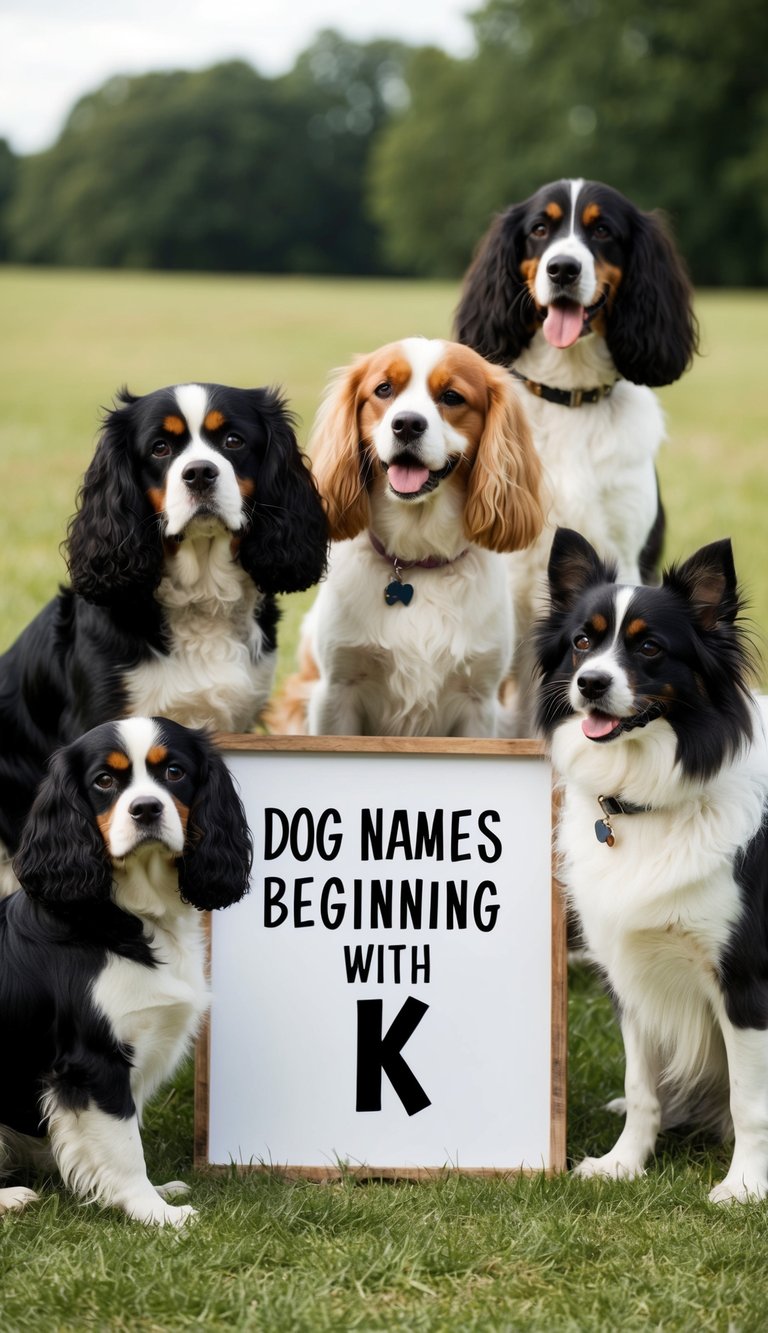 A group of dogs, including a King Charles Spaniel and a Keeshond, gather around a sign with "Dog Names Beginning with K" written on it