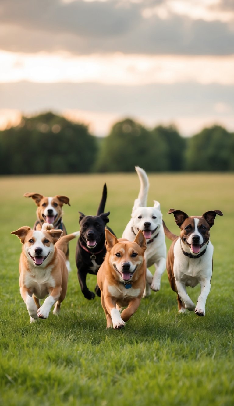 A group of playful dogs with names starting with K running through a grassy field
